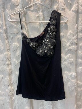 Vintage Lipstick one shoulder Black beaded top